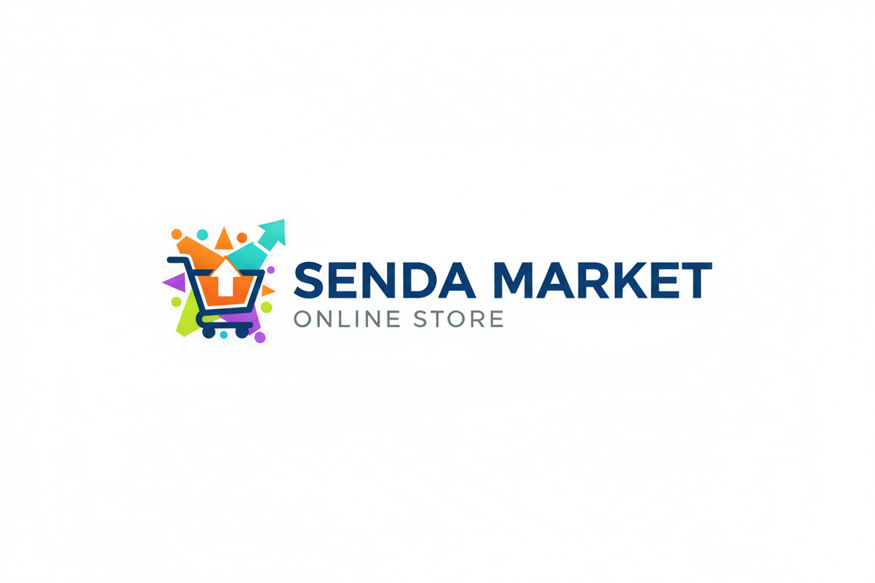 Generar un logo atractivo para una tienda en linea que vende todo tipo de productos. Se llama "SENDA MARKET" con fondo blanco, el tamaño que sea horizontal 2400 X 440 PX
